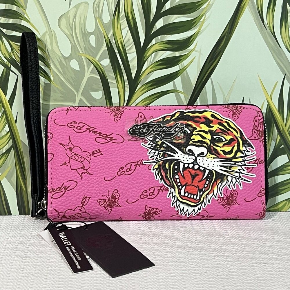 Ed Hardy Zip Around Wallet Wristlet Pink Tiger Vegan Leather Card Slot Pockets